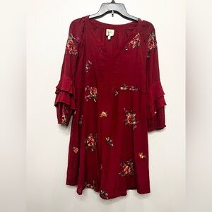 Fig and Flower Burgundy Floral Ruffle Long Balloon Sleeve Dress Size Large